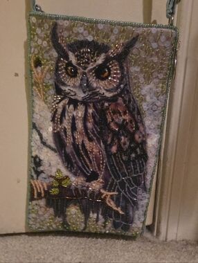 Beaded Owl Sequin Crossbody Bag in Blue Green and Brown